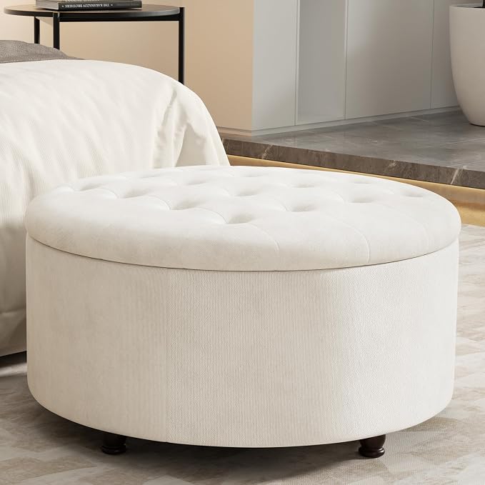 30 Inch Round Storage Ottoman,Modern Tufted Ottomans,Circular Coffee Table with Removable Top,Upholstered Large Ottoman with Storage Footrest Stool for Bedroom Living Room (White)