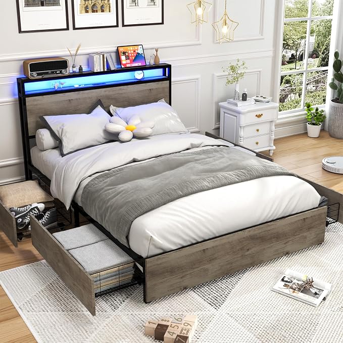 Kiivakii Queen Size Bed Frame with 4 Storage Drawers, LED Platform Bed with Headboard, Built in Charging Station, Noise-Free, Metal Support Base, No Box Spring Needed, Gray