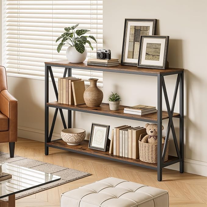 MAHANCRIS 55" Sofa Table, Industrial Console Table, 3-Tier Narrow Sofa Table with Storage Shelves, Foyer Table for Entryway, Hallway, Kitchen, Living Room and Bedroom, Rustic Brown CTHR80401