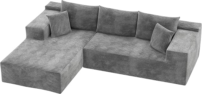 YESHOMY Boneless Couches for Living Room, 108" Sectional Modular Sectional Sofa with Deep Seat, Cloud Comfy Couch with L-Shape Chaise, Easy Assembly (Corduroy, Gray)