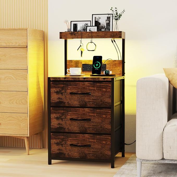 SZLHANJZ Night Stand, Nightstand with Charging Station and Led Lights, 3 Drawers Night Stand with Storage Shelf and Hooks, Tall End Side Table for Bedroom, Rustic Brown