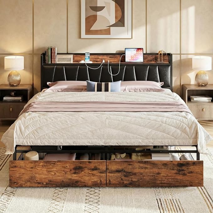 LIKIMIO King Size Bed Frame with 2 Drawers and Charging Station | Platform Bed with Upholstered Storage Headboard, No Box Spring Needed, Easy Assembly, Sturdy, Vintage Brown and Black