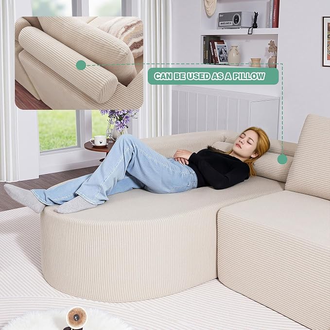 104.92" L-Shaped Corduroy 3 Piece Sofa Set with Single Lounge Chair & Ottoman, Modular Compressed All Foam Couch, Freely Movable Footrest, Minimalist Large Living Room Furniture