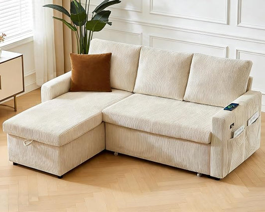 WEUP 82" L Shaped Sectional Sleeper Sofa Bed with Pull Out Bed, Sectional Sleeper Couch Pull Out Couch with Reclining Backrest/Reversible Storage Chaise/USB Ports/Tool-Free Assembly, Corduroy Beige