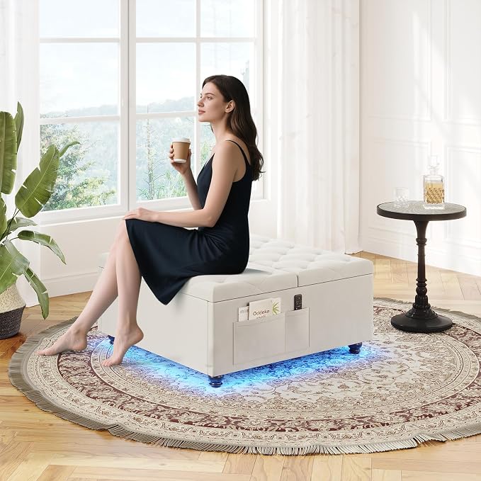 Dnxao Large Ottoman with Storage,Lift Top Coffee Table 31.5" Square Upholstered Tufted Footrest with LED Lights, Charging Station,2 Side Pockets and Removable Tray for Living Room, Beige