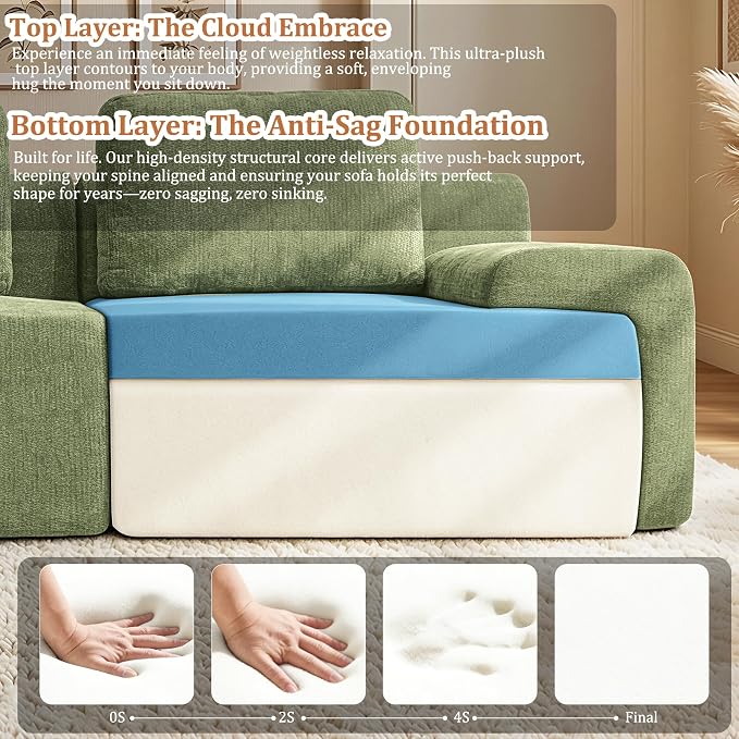 159" U-Shaped Modular Sectional Sofa, Oversized Boneless Cloud Couch for Living Room with Extra Deep Seat & High Back, Tool-Free No Assembly, Soft Chenille (Olive Green, 159 inch-U shaped(4+2))