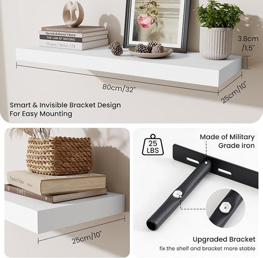 Fun Memories Floating Shelves for Wall, 32 Inch Long Floating Shelves Set of 2, 32 x 10 Wooden Shelves for Wall, Large Storage Shelves, Hanging Shelves for Bathroom Kitchen Bedroom, White