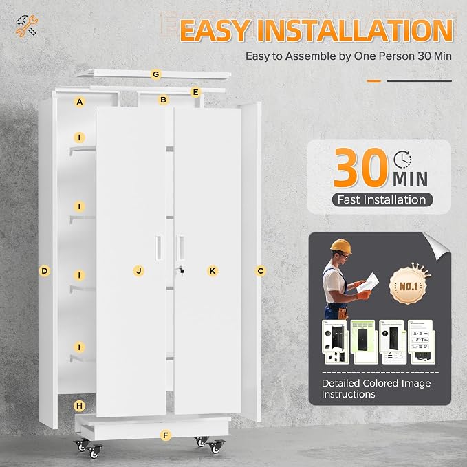 Bonusall 72" Metal Garage Storage Cabinet with Wheels, 2-Door Steel Locking Cabinet with 4 Adjustable Shelves, Heavy Duty Rolling Utility Cabinets for Warehouse, School - White