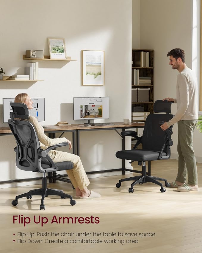 VASAGLE Ergonomic Mesh Office Chairs with Adjustable Lumbar Support and Headrest, 90-105° Tilt Function, Wide Seat, Flip‑Up Armrests, Computer Desk Chairs for Home Office, Set of 2, Ink Black