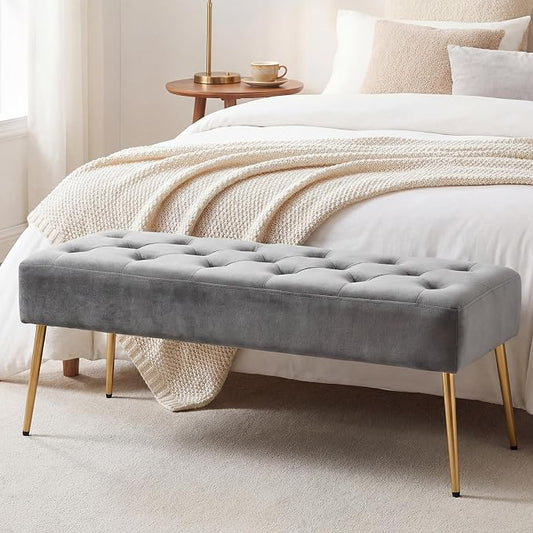 DUHOME Modern Velvet Ottoman Bench, Button-Tufted Upholstered Bedroom Benches,End of Bed Bench with Gold Base for Entryway Living Room Dining Room, Grey
