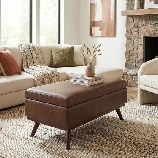 SIMPLIHOME Owen Lift Top Coffee Table Storage Ottoman - 42 inch Wide Upholstered Vegan Leather Rectangular Lift-Top Ottoman in Distressed Chestnut Brown, Mid-Century Modern Ottoman for Living Room