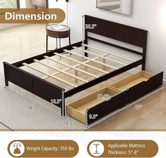 KOMFOTT Full Size Wood Bed Frame with 2 Storage Drawers, Mid Century Platform Bed Frame with Headboard, Sturdy Wooden Slats Support, Modern Mattress Foundation, No Box Spring Required, Easy Assembly