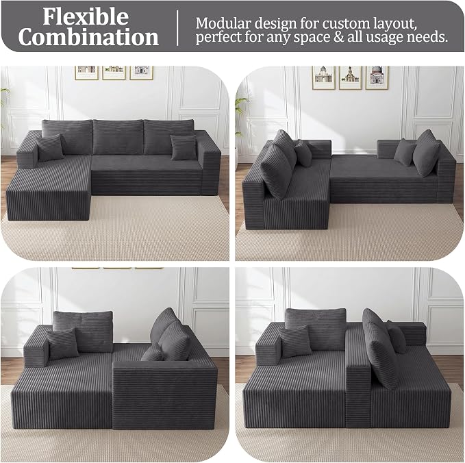92.5" Modualr Sectional Sofa, L-Shaped Corduroy Cloud Couch with Chaise, Upholstered Boneless Couches for Living Room Bedroom, No Assembly Required - Grey(Left Facing Chaise)