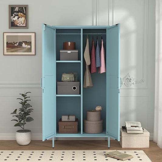 Lockable Closet Metal Wardrobe 67" Blue 2 Door Wardrobe Bedroom Storage Cabinet Adjustable shelf Multi functional metal Storage Cabinet with hanging rail for domestic use 18.1" D x 31.5" W x 67" H