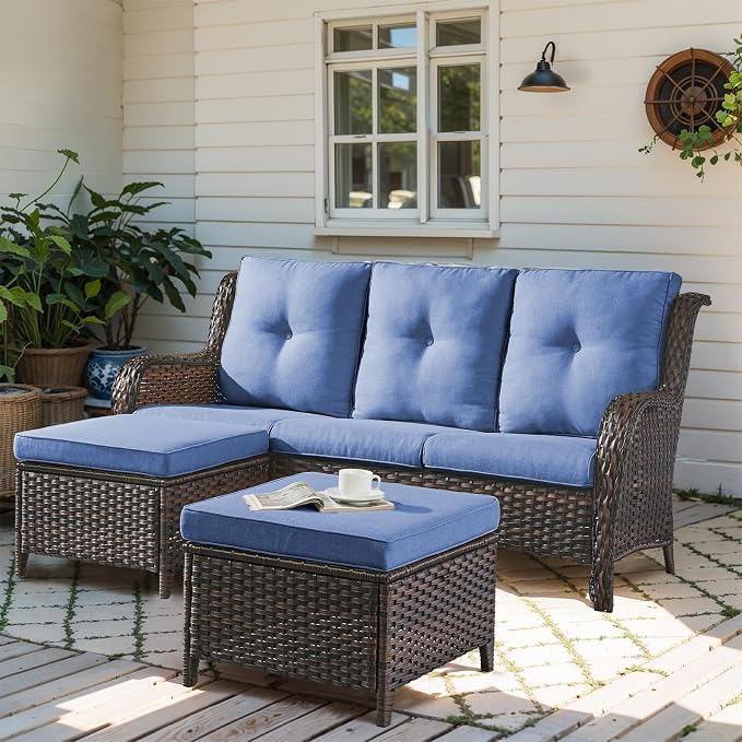 Outdoor Patio Furniture - 3 Seater Outdoor Rattan Wicker Sofa Patio Couch with Ottoman for Porch Deck Garden Backyard - Brown/Blue