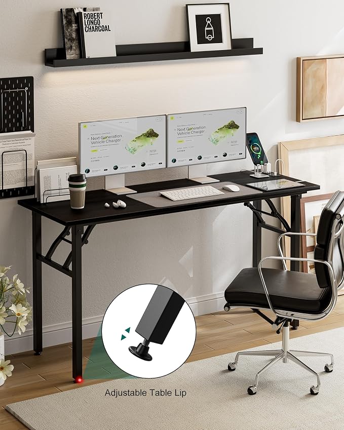 Frylr Small Folding Computer Desk β 55.1 Inch Portable Table for Craft and Study, Lightweight Desk for Small Spaces, Foldable Laptop Table Built-in AC/USB Outlets for Convenience, Dark Oak