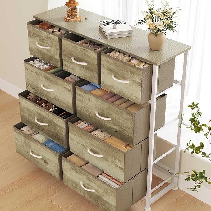 DUMOS 9 Drawer Dresser for Bedroom, Storage Organizer Chest of Drawers | Fabric Bins Storage Tower with Sturdy Metal Frame, Wood Tabletop for Closet, Gold