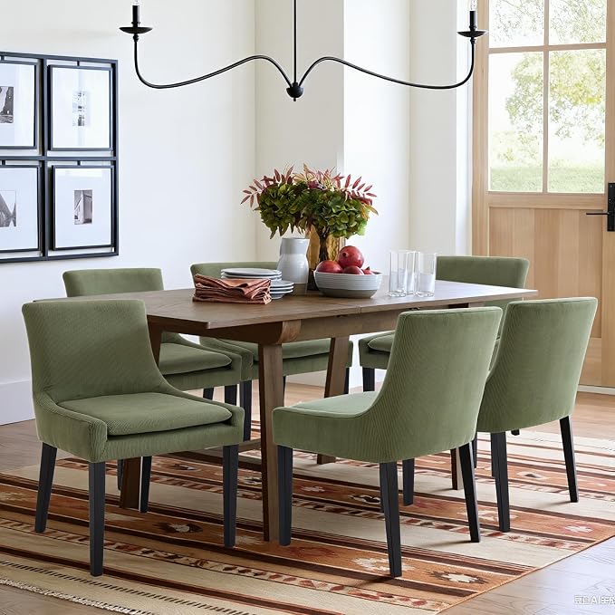 COLAMY Modern Dining Chairs Set of 2, Upholstered Corduroy Accent Side Chairs with Mid Back and Wood Legs for Living Room/Dining Room- Light Green