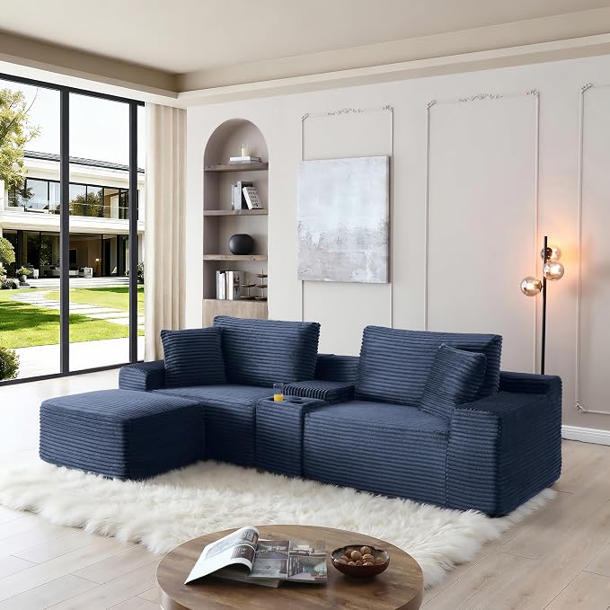 ivoros 111 Inch Modular Sectional Sofa Couch, Oversized Modern Cloud Couch for Living Room, L Shape Couches with Ottomans, USB Ports and Cup Holders, Blue Corduroy Boneless Sofas, Sofa in a Box