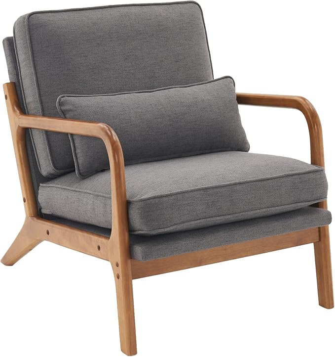 Bonnlo Linen Dark Grey Mid Century Modern Accent Chair, Soild Wood Padding Lounge Armchairs Side Sitting Chairs for Living Room, Bedroom, Guest Room