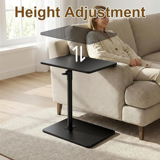 YUHFERA Sofa Armrest Tray Table for Couch - 360 Swivel Height Adjustable C-Shaped End Table for Small Spaces, Snack Side Table for Bed or Chair with Phone & Tablet Slot, Black, Enlarged