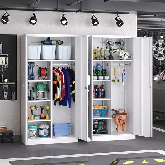 Broom Closet with Lock, Metal Storage Cabinet 36" Wide, 5-Tier Steel Utility Cabinet with Hanging Rod & Doors for Garage, Laundry Room, Warehouse Storage