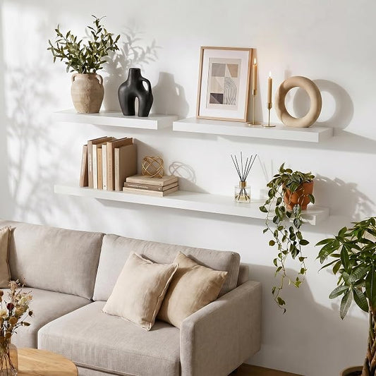 fuqing 40 Inch Floating Shelves | 6.7 Inch Deep White Shelves for Wall Set of 2 | 40''W x 6.7''D x 1.4''H White Wood Shelves for Living Room Bathroom Bedroom Kitchen Home Office