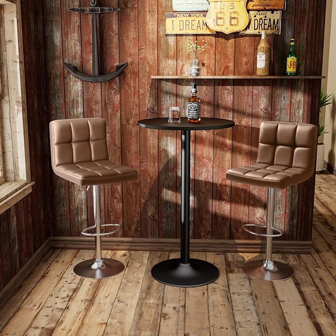 Homall Bar Stools Modern PU Leather Adjustable Swivel Barstools, Armless Hydraulic Kitchen Counter Bar Stool Extra Height Square Island Barstool with Back Set of 2 (Leather, Brown)