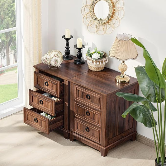 Joaxswe Farmhouse Nightstand Set of 2, 18 Inch End Table with 3 Drawer Metal Handle, Dresser for Bedroom, Sofa Bed Side Table Chest of Drawers,Wood Night Stand Cabinet for Organizer, Living Room-Brown