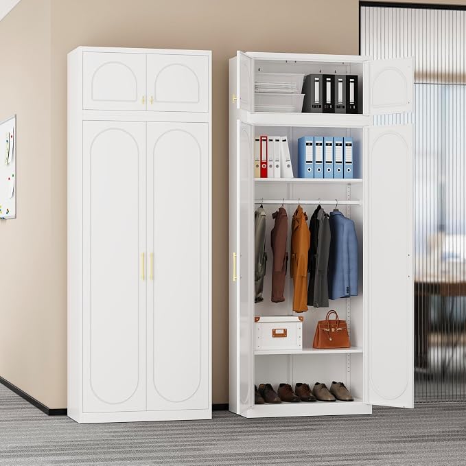 Metal Armoire Wardrobe Closet with Doors, 86" Tall Wardrobe Cabinet with Hanging Rod and Adjustable Shelves, White Clothing Storage Cabinets for Bedroom, Home Office