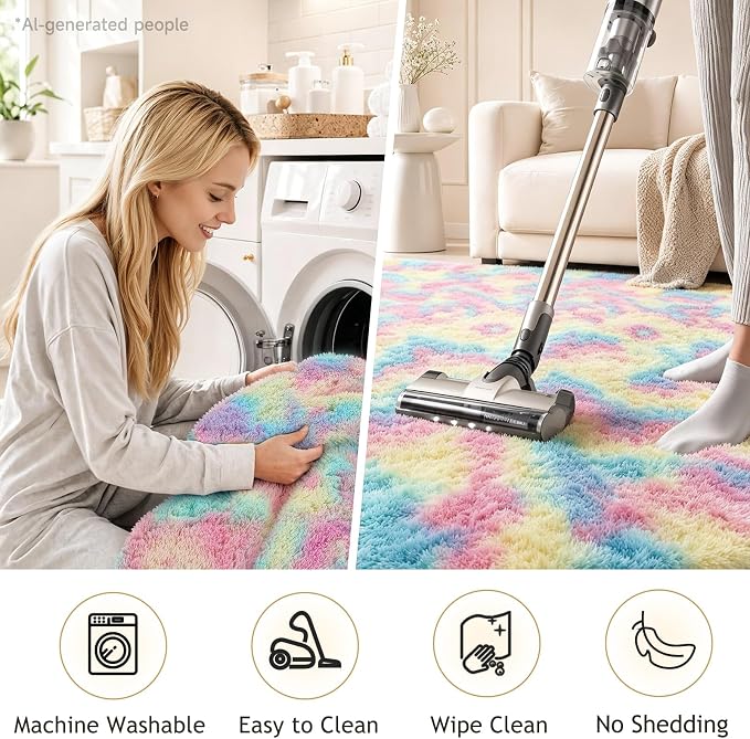 Ophanie Rainbow Rug for Bedroom Girls,Unicorn Colorful Fluffy Soft Cute Fuzzy Area Rugs,Shag Plush Shaggy Bedside Floor 4x6 Furry Carpet for Kids Baby Teen Dorm Decor with Over 99 pcs Pile fibers