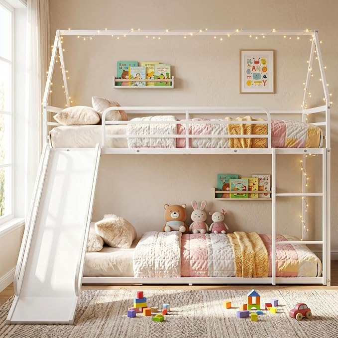 Bunk Bed with Slide, Twin Over Twin Bunk Bed with Ladder and Guardrail, Space Saving & Heavy Duty House Loft Bed for Kids, No Box Spring Needed(White)