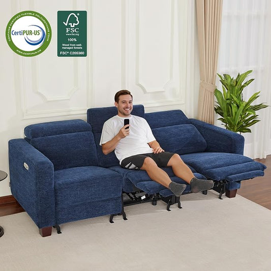 MCombo 88.6'' Reclining Sofa, Wall Hugger Power Recliner Sofa with Adjustable Headrest, USB A & C Charge Ports, Wood Legs, for Living Room (Fabric, HL198M3) (Navy Blue, 3-Seater)