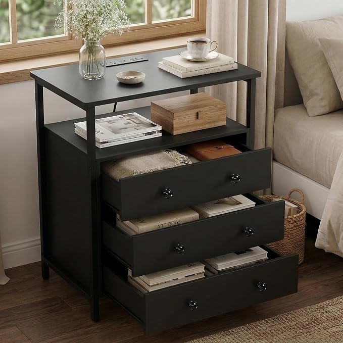 Edbuosy 3 Wooden Drawers Night Stand, 27 Inch Wide Nightstand Set 2 with Charging Station and Adjustable Drawers, Small Dresser for Closet, Bedside Table for Living Room/Bedroom/Office, Black