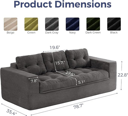 MAXYOYO 79" Loveseat Sofa Couch for Small Spaces, Boneless Upholstered Cloud Couch for Apartment Bedroom, 3-Seater Love Seat Floor Modern Sofa with Pillows, No Assembly Required, Dark Grey