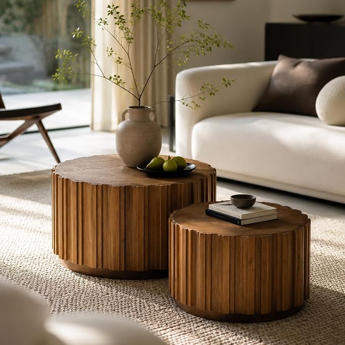 Nesting Round Coffee Table Set of 2, 27.56" Fluted Circle Accent End Table, Morden Drum Side Table, Wooden Center Table for Living Room, Fully Assembled - Walnut Brown