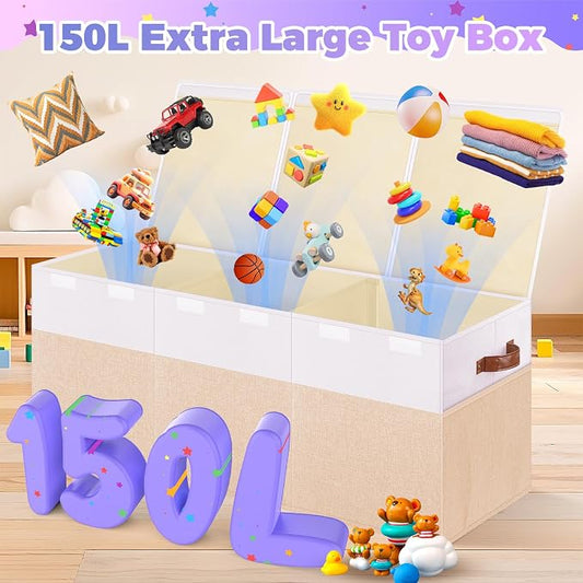 Extra Large Toy Storage Box with Lid, Collapsible Sturdy Toy Chest Storage Organizer Bin Basket with Divider for Kids, Boys, Girls, Closet, Playroom, Bedroom, Nursery, 40"X14"X16", Beige & White
