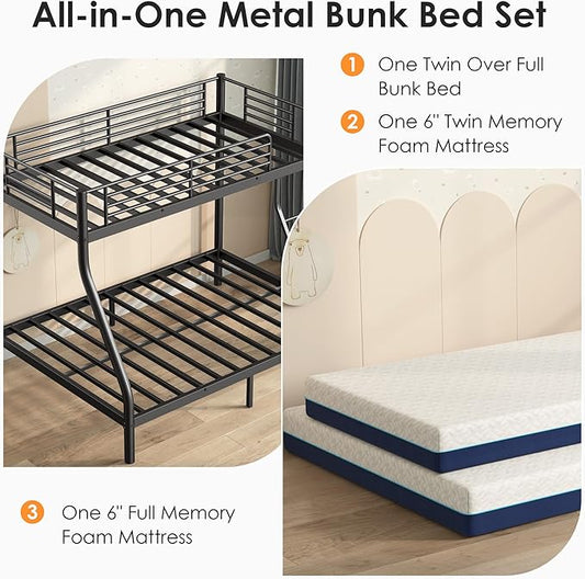 Bunk Beds Twin Over Full Size with 6'' Mattresses Included, Heavy Duty Metal Bunk Bed Frame with Angled Ladder for Teens and Adults, for Spaces-Saving, Smooth Rounded Edges, Black