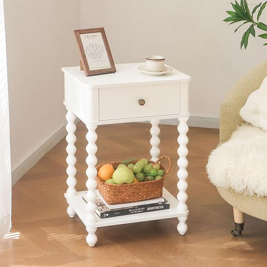 AWASEN White Nightstand, Small Side Table with Drawer for Living Room, Farmhouse End Bedside Table with Spindle Wood Legs for Bedroom, Office, White