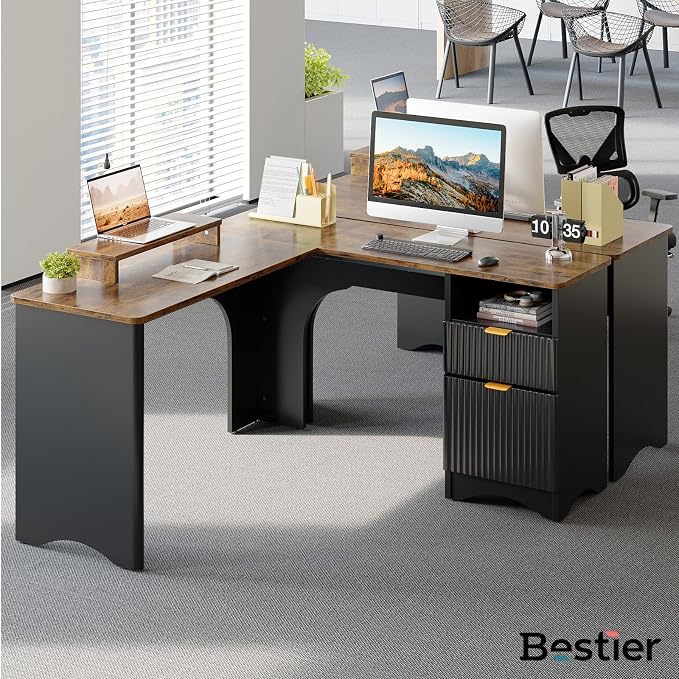 Bestier L Shaped Desk with File Drawer, 55.7" x 55" Office Computer Desk with Round Corners, Modern Desk with Monitor Stand & Fluted Panels for Home Office, Black & Rustic Brown