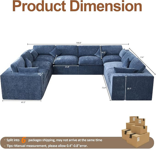 146''Cloud Boneless Sectional Couch, Modular Sectional Sofa Deep Seat, Oversized Upholstered Convertible Comfy 8 Seater Chenille Memory Foam Sofa U Shape Couches for Living Room, Blue