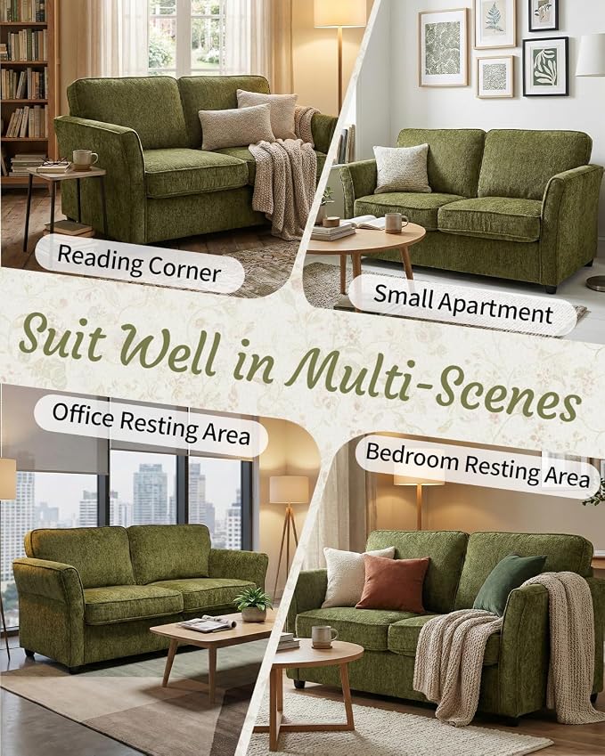 Karl home 67" Loveseat Sofa, Chenille Fabric, Green | Removable Covers, Outward Arms, Spring Cushion & Solid Wood Frame, Deep Seat for Living Room, Bedroom, Apartment