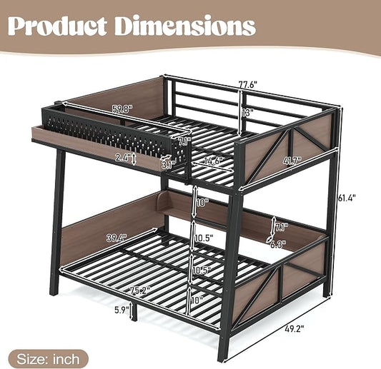Bellemave Bunk Bed Twin Over Twin with LED, Heavy Duty Metal Bunk BedFrame with Storage Shelves and Lights, Black