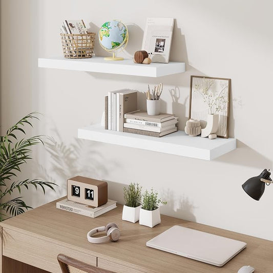 Fun Memories Floating Shelves for Wall, 30 Inch Long Floating Shelves Set of 3, 30 x 10 Wooden Shelves for Wall, Large Storage Shelves, Hanging Shelves for Bathroom Kitchen Bedroom, White