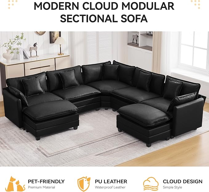 137'' V Shaped Cloud Sectional Sofa, Oversized Deep Seat Leather Couches for Living Room, Comfy Upholstered Modular Sectional Sofa Couch with 2 Movable Ottoman, Leather Black