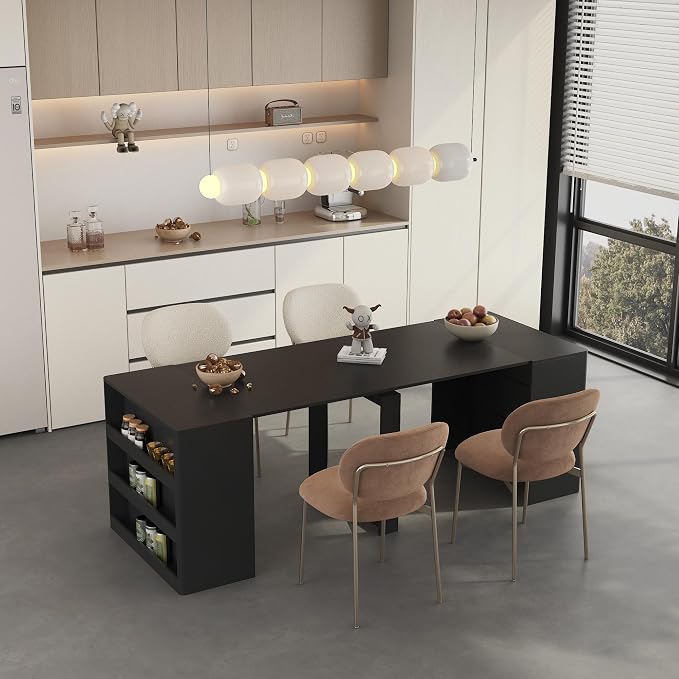 KEIKI 27.5" to 122.8" Extendable Foldable Dining Table with 3-Tier Storage Shelf, Expandable Wooden Console Table for 1–10 People, Space Saving Multifunctional Kitchen Dining Desk, Black