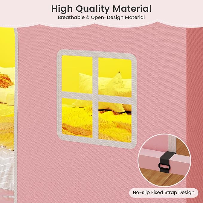 BTHFST Bunk Bed Twin Over Twin with Play Curtain, House Bunk Bed with LED Lights, Metal Kids Bunk Bed with Inclined Ladder and Guardrail, Space Saving, No Box Spring Needed, Pink
