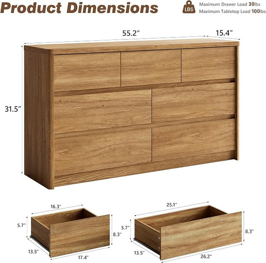 3 Pieces Bedroom Set, 55 Inch Width 7-Drawer Dresser & 2-Drawer Nightstands Set of 2,Nightstand with USB&Type C Charging Station&Outlets,Modern Design for Bedroom, Natural Oak