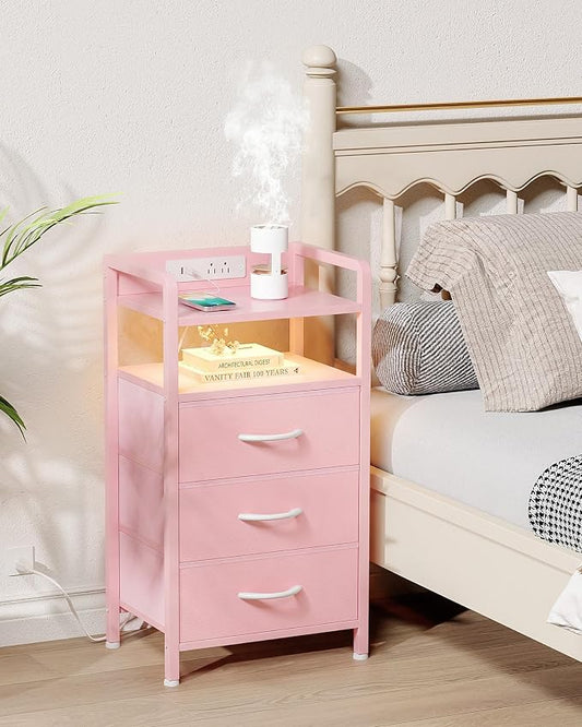Lazzanto Night Stand Bedside Charger Bedroom - Nightstand with Charging Station & LED Light Strip, Night Stand with Storage Shelf & 3 Fabric Drawers, Morden End Table with USB Ports&AC Outlets,Pink