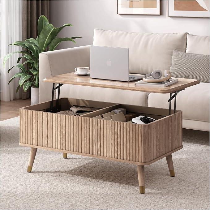 JOINICE Lift Top Coffee Table with Storage,Natural Wood Center Table for Living Room, Modern Farmhouse Oak Fluted Design,Pop-Up Desk for Work & Dining